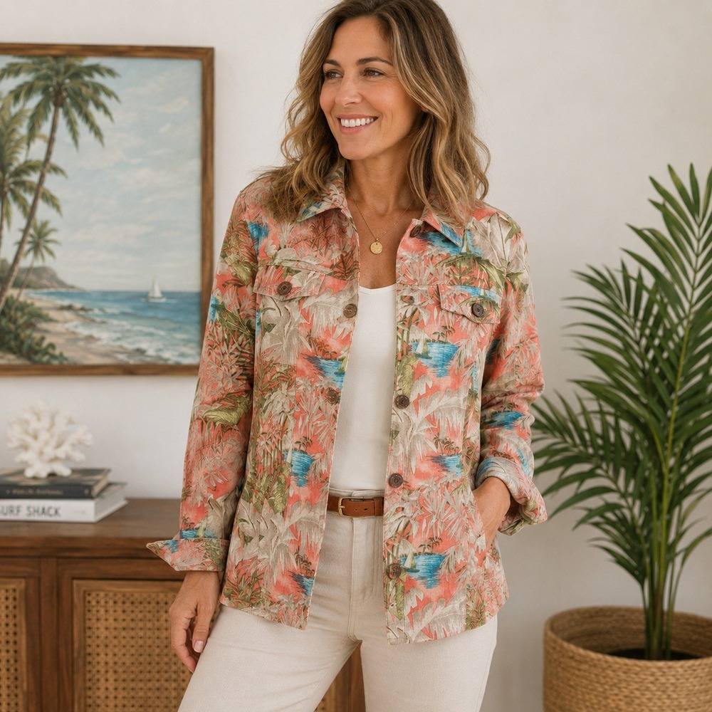 Vintage Company Collection Jacket Linen Blend Tropical Print Resort‎ Women's 10